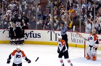 The Times/KEVIN LORENZI The Pittsburgh Penguins celebrate after a goal by Jordan Staal during the Pittsburgh Penguins' win over the Philadelphia Flyers in game 5 of the Eastern Conference Finals.