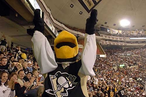 The Times/CHRISTINA BAIRD Mellon Area held 13,200 fans and counting after the puck dropped Saturday evening in Pittsburgh. The game was shown on the scoreboard, and fans paid $5 to watch the game between the Detroit Red Wings and the Pittsburgh Penguins. Iceburgh gets the crowd excited before the game began.
