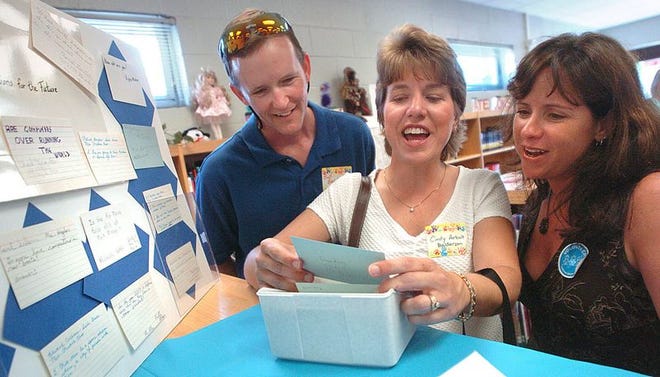 Bob Balderson (left), Cindy Balderson and Lori Bowles look at questions for the future that were placed in a time capsule in 1983 at Carolina Beach Elementary. Artifacts were placed on display Friday in the school’s library, along with current items that will be placed in a new time capsule to be buried this summer. The Baldersons attended the school and Cindy Balderson was able to find a question from her sister.