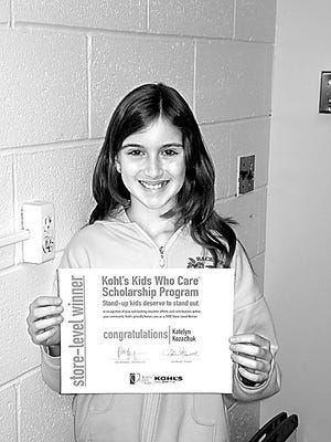 Katelyn Kozachuk, a fifth-grader at the Kenneth L. Rutherford School in Monticello, has been awarded a $50 gift card from the Kohl’s Kids Who Care Scholarship Program.