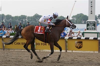 Big Brown's jockey Kent Desormeaux trys to keep the Triple Crown hopeful under control as he crosses the finish line last in the 140th Belmont Stakes at Belmont Park in Elmont, N.Y., on Saturday, June 7, 2008.