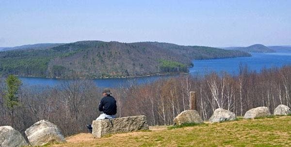 The Enfield Overlook at Quabbin Reservoir in Central Massachusetts offers a view over the area where the town of Enfield once existed. The reservoir, created about 70 years ago to provide drinking water to greater Boston, has become a busy recreational, cultural and historical attraction.