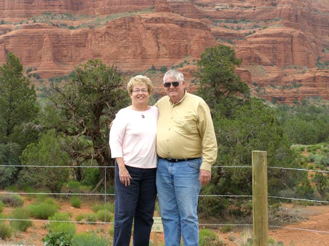 Sue and Ray Beard of Greencastle smile as they pose near Flagstaff in Sedona, Ariz., on the first day of their ‘adventure.’ They had no idea the trip would end with them stranded in Utah for four days.