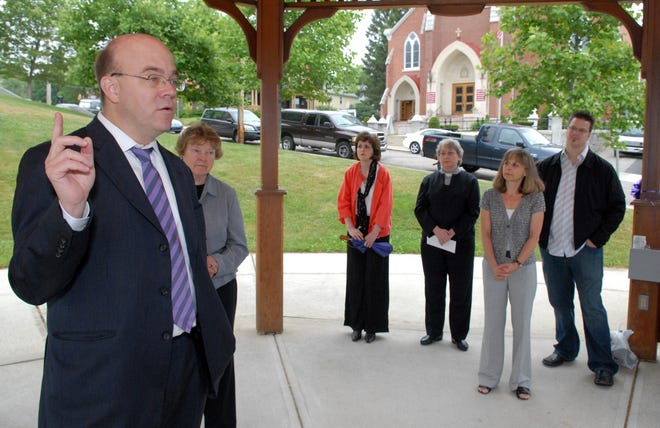 U.S. Rep. James McGovern speaks about the Marlborough Children's Summer Lunch Program at the gazebo in front of the Walker Building on Monday.