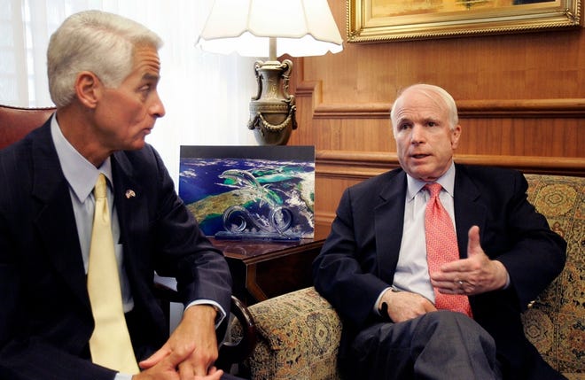 Gov. Charlie Crist dropped his long-standing support for the federal moratorium on offshore drilling Tuesday and endorsed John McCain's new proposal to let states decide for themselves. Above: The allies meet in October 2007.