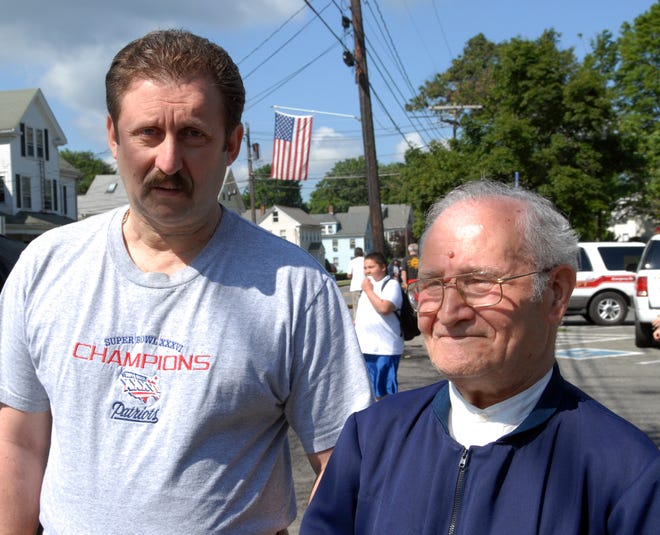 Oleg Abameilk, left, and Francesco Fici lost their businesses in the Pond Street fire last week in Natick. Abameilk owns Cobbler Shop West, and Fici owns Fici's Tailor Shop.