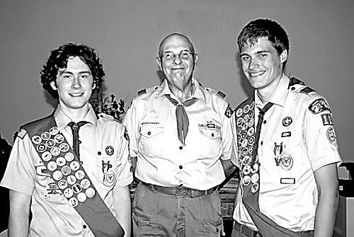 Daniel Grodence-Hastey, left, and Thomas J. Riley III are Cornwall Boy Scout Troop 118's newest Eagle Scouts. With them is Scoutmaster Ron Jurain.
