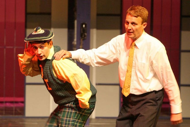 Ray Taylor, as Finch, right, and Matthew Krell, as Mr. Biggley perform in the play "How to Succeed in Business Without Really Trying" at the Bean-Brown Theatre at Shelton State on June 16.