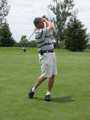 Bryan Gibson takes his turn during the Washington Chamber of Commerce annual Cherry Festival Golf Scramble June 26 at Pine Lakes Golf Course. Gibson, Jim Beuster, Gary Deiters and Washington mayor Gary Miner were one of 16-foursomes who participated in the event.