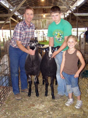 Seth Daniels of geneseo shows off his sheep which won Champion AOB Wool in the Open Sheep Show Tuesday, June 24, at the Henry County Fair. Daniels is shown with his father, Tom Daniels, and his sister, Rachel Daniels.