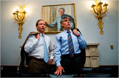 Representatives Tom Udall, left, and Mark Udall on Capitol Hill last month in front of a portrait of Morris K. Udall. The two cousins are running for Senate seats in New Mexico and Colorado.