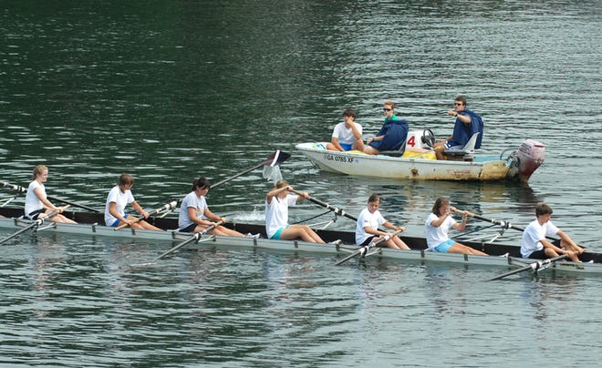 Head coach Michael Townsend (top right) gives instructions during the Augusta Rowing Club's Learn to Row camp this week.