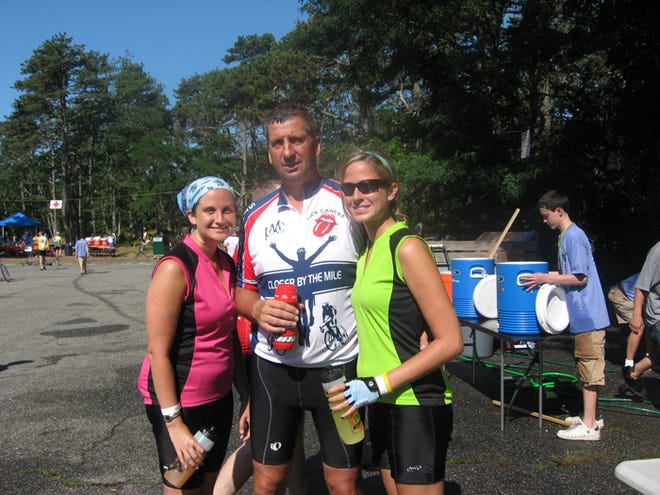 The three Collinses posed after completing the 2007 PanMass Challenge ride from Wellesley to Provincetown, a distance of 162 miles. From left, Caitlyn, 26, Timmy, 51, and Meghan, 20.