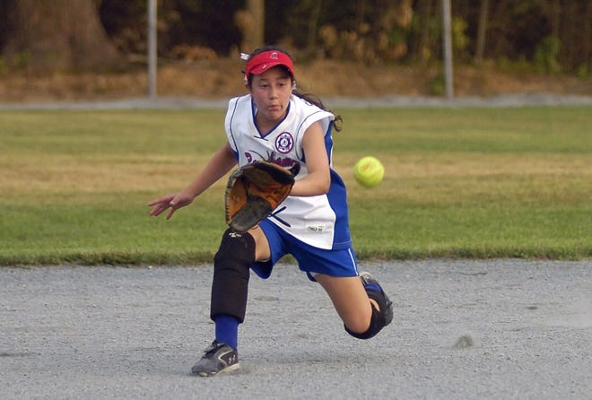 Raynham All Stars second baseman Christine Schondek makes a nice stop against Stamford (Conn.)in Raynham's 4-3 win Friday afternoon. The Raynham Girls were knocked from the tournament by virtue of a tie-breaker Saturday afternoon.