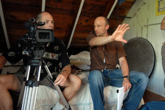 Shandor Garrison (right) frames a shot with cinematographer Chris Scarafile.