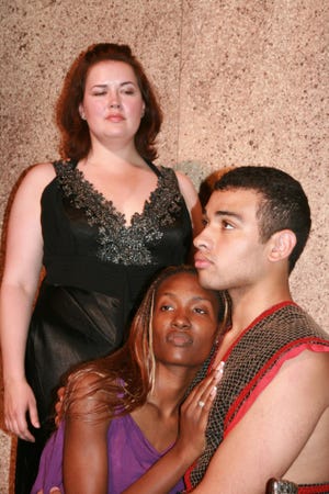 Eastlight Theatre's production of "Aida" opens Friday. Cast members include, from left, Carmen McCarthy as Amneris, Tracey Hendricks as Aida and Brandon Chandler as Radames.