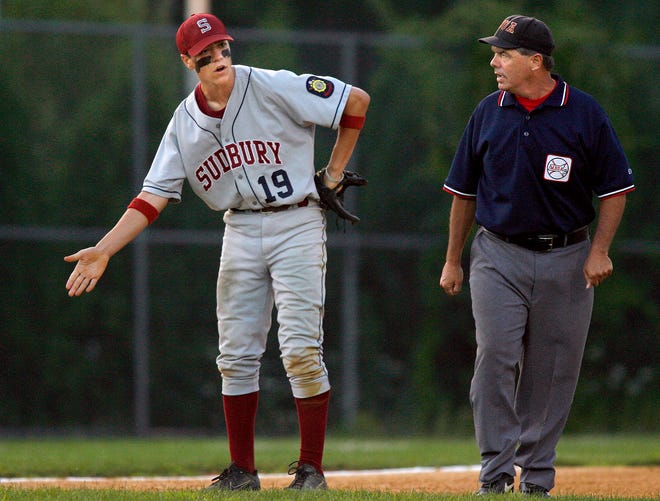 Sudbury's Mike Wilson disputes an umpire's call against Lowell on Friday night.