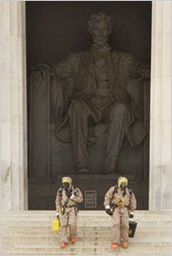 Hazardous materials workers at the Lincoln Memorial in 2006 after finding suspicious bottles and a note referring to anthrax.
