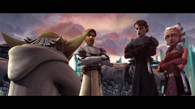 Yoda, left, Obi-Wan Kenobi, Anakin Skywalker and Ahsoka Tanon confer in "Clone Wars."