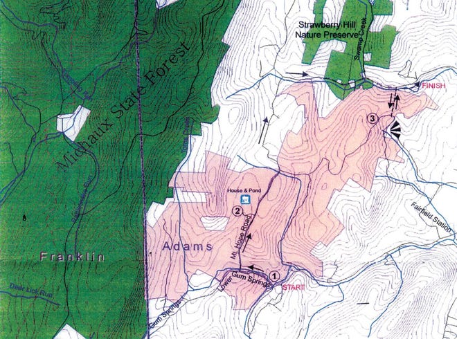 The former Glatfelter tree farm, shown above in pink, was purchased by the Conservation Fund and will become part of Michaux State Forest, shown in dark green, once funds can be raised for the project.