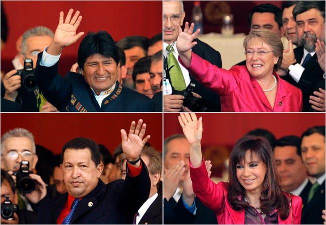 Mr. Lugo was elected in April on a socialist platform. Among the Latin American leaders who attended his inauguration on Friday were, from left top: President Evo Morales of Bolivia; President Michelle Bachelet of Chile; (from left bottom) President Hugo Chávez of Venezuela; and President Cristina Fernández de Kirchner of Argentina.