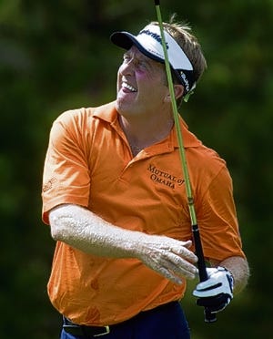 Fred Funk, from Ponte Verde Beach, Fla., tees off on hole three during the final round of the Champions Tour JELD-WEN Tradition golf tournament in Sunriver, Ore., Sunday, Aug, 17, 2008. (AP Photo/Don Ryan)