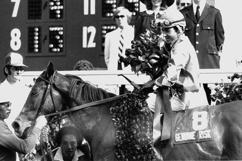 In this May 3, 1980, photo, Genuine Risk and jockey Jacinto Vasquez are seen in the winner's circle after winning the Kentucky Derby horse race at Churchill Downs in Louisville, Ky. Genuine Risk, one of only three fillies to win the Kentucky Derby, died Monday in Virginia at the age of 31.