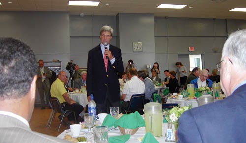 U.S. Senator John F. Kerry speaks at the energy summit at Bridgewater State College Tuesday.