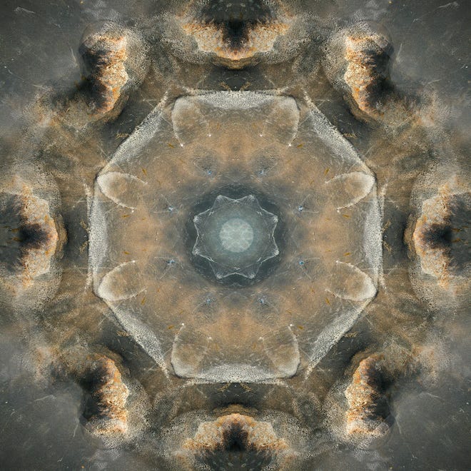 A mandala image by Webster photographer Jane Hopkins. The nature photographer says, “I discovered a way to use my computer sort of like a kaleidoscope — the pictures took on a life of their own.”