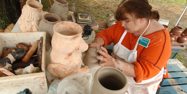 Helen Weichman of Groundhog Blues Pottery in Reeders demonstrates her work and wares and the annual Pocono State Craft Festival.