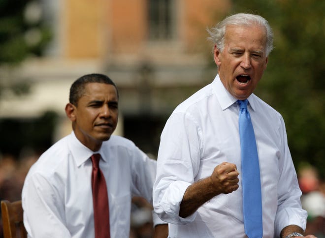 The presumptive Democratic presidential nominee, Sen. Barack Obama, D-Ill., and his newly minted vice presidential running mate, Sen. Joe Biden, D-Del., appear today at a campaign rally in Springfield, Ill.