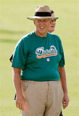 Miami Dolphins' Bill Parcells is seen on the field during practice July 28, 2008 at the Dolphins football training camp in Davie, Fla. The Dolphins are coming off a 1-15 season, the worst in franchise history. The Dolphins hope to turn it around after hiring a Parcells, a new coach and a bunch of new players.