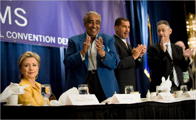 From left, Hillary Rodham Clinton, Representative Charles Rangel, Governor David A. Paterson and Assembly Speaker Sheldon Silver at a New York delegation breakfast in Denver on Monday.