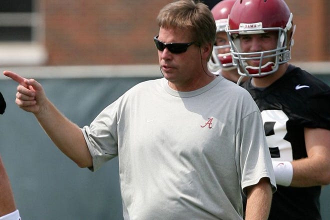 University of Alabama football offensive coordinator Jim McElwain during an afternoon practice session.