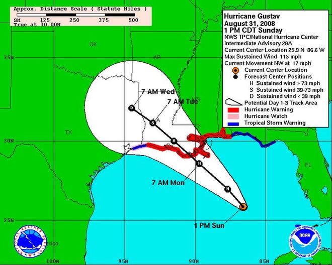 A National Hurricane Center map shows Gustav's 1 p.m. location and its projected three-day track.