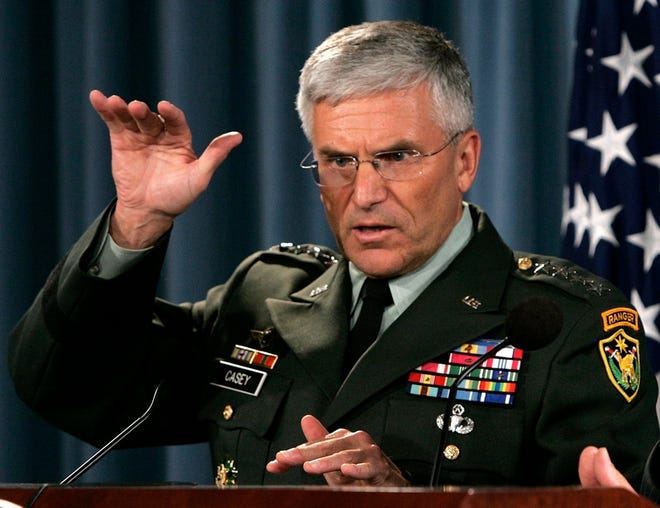 NEW YORK TIMES / DOUG MILLS
Gen. George W. Casey, commander in Iraq before the surge, asked for only 
8,000 additional troops -- far less than the 20,000 that were eventually 
sent. President Bush is expected to talk about the surge Monday night.