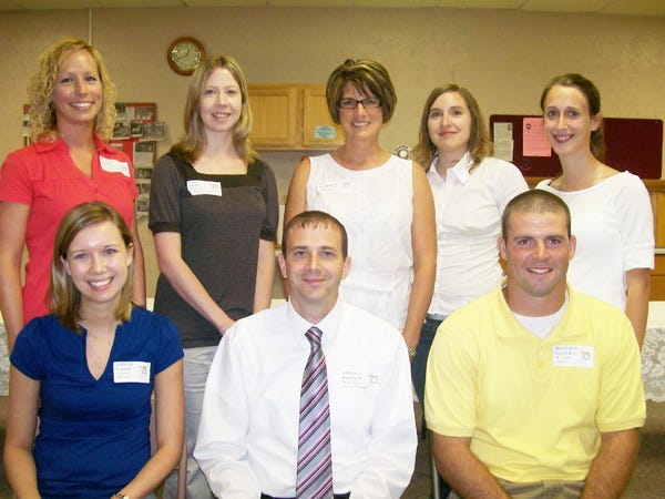 Teachers and administrators new to the Geneseo School District were honored at a luncheon hosted by the Evangelism Committee at Grace? United Methodist church. Pictured are, front row, from left: Janelle Kaiser, Southwest second grade; Thomas Ryerson, middle-school associate principal; and Matthew Eastlick, high-school science. Back row, from left: Heather Marsh, high-school special education; Amy Feely, middle-school guidance counselor; Dee Humphries, Ladders to Learning parent educator; Michelle Garrison, middle-school art; and Christine O’Malley, Ladders to Learning. Not pictured is sixth-grade teacher David Martin.