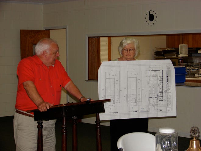 Butch Kieffer promotes and Gussie Nease shows the plans for the Mars Theatre restoration.