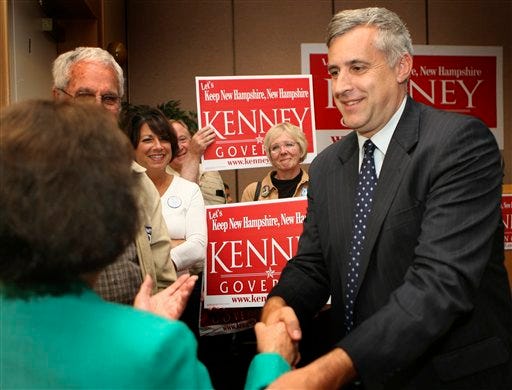 State Sen. Joe Kenney greets supporters in Nashua, N.H.,after winning the Republican nomination for governor in the state primary Tuesday, Sept. 9, 2008. Kenney will try to unseat Democratic incumbent Gov. John Lynch.(AP Photo/Jim Cole)
Summary