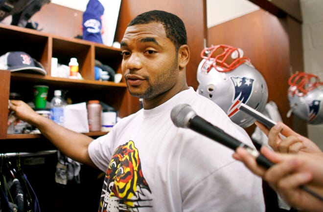 New England Patriots defensive lineman Richard Seymour takes questions from reporters in the team's locker room at Gillette Stadium Monday about the team being without Patriots quarterback Tom Brady for the rest of the season.