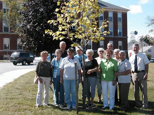 Dover High School and Saint Mary High School Class of 1956 gathered recently to plant a tree at the McConnell Center (the former Dover High School) to commemorate their graduation. Reunion Committee members are, from left, Phyllis Perkins Hayward, Ann Marie Hughes Walker, Fred Walker, Cynthia Langley Otis, Paul Rogers, Dotti Matthews Pierce, Mary Ellen Murphy Duffy, Annette Silver Cocburn Bruce Seymour (rear), Nancy Benson, Diane Main Hodgson, and Gary Bannon, Dover recreation director.

Courtesy photo