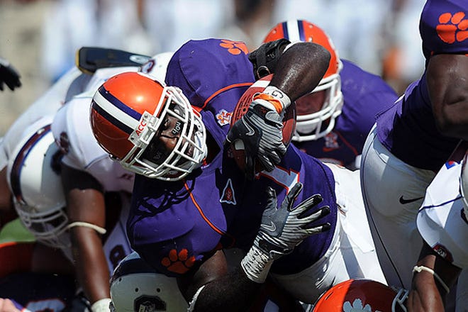 Clemson's James Davis (1) rushes for a 1-yard touchdown Saturday against South Carolina State in Clemson.