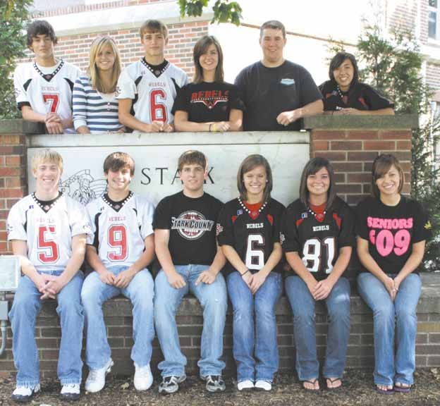 The 2008 Stark County High School Homecoming court includes, front row from the left,  senior class king and queen candidates Greg Daum, Nick Rumbold, James Code, Bethany Stapel, Sydney Morrissey and Elissa Hatfield. In the second row are freshmen attendants Kyle Milroy and Courtney Wagenbach; sophomore attendants Zach Turnbull and Marissa Gray; and junior attendants Blake Nowlan and Jolene Kieser.