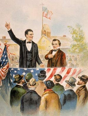 The mother of all political debates took place in 1858 between Abraham Lincoln and Stephen Douglas.