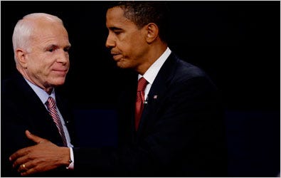 Senators John McCain and Barack Obama met in Oxford, Miss., for their first debate Friday night.