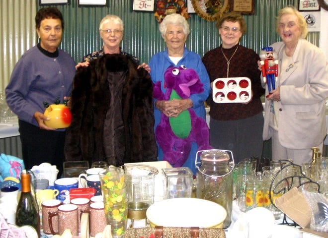 There are treasures ranging from teapots to good winter coats to stuffed animals and ceramic cupcake baking pans, plus tons of other things to be sold during the annual rummage and bake sale at St. John’s Church in Swampscott. Holding some of them are, from left, Theresa Grasso, Nancy DiLisio, Ruth Devine, Eileen McHugh and Ruth Connell.
