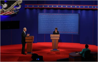 Senator Joseph R. Biden Jr. and Gov. Sarah Palin during their vice-presidential debate Thursday night.