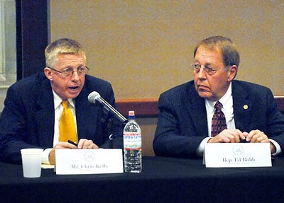 Democrat Chris Kelly, left, and Republican Rep. Ed Robb answer questions before an audience of students at Memorial Union on the University of Missouri campus. The gathering was hosted by the Associated Students of the University of Missouri.