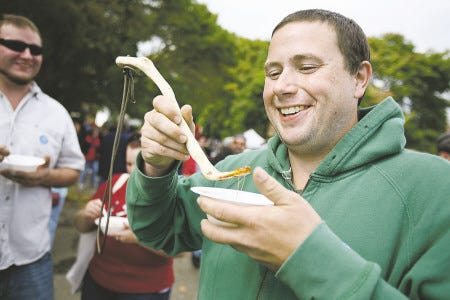 Eight-year chili fest veteran Dylan Kramer of Kittery Point, Maine, made his own spoon from an oak branch that fell in his yard.