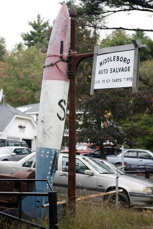 What looks like a missile at a Middleboro salvage yard is actually a fuel tank from a B-29 bomber.